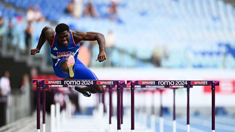 Makenson Gletty during his bizarre 110m hurdles rerun at the European Championships in Rome.