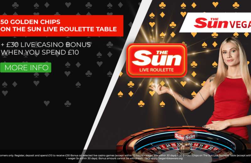 Join Sun Vegas and get a £30 live casino bonus plus 50 golden chips