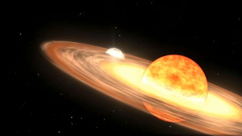 A red giant star and white dwarf orbit each other similar to T Coronae Borealis (Image: NASA/Goddard Space Flight Center)