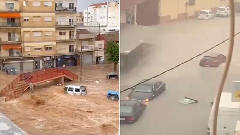 The flood waters surrounding people