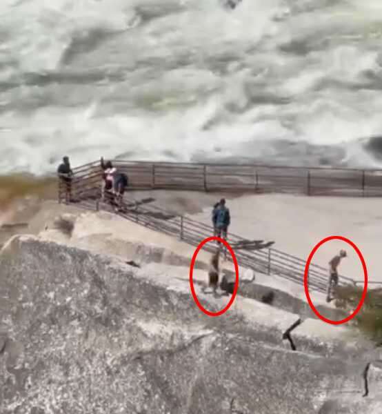 Shocking footage shows how close the tourists got to plummeting over the edge of a 317ft-tall waterfall