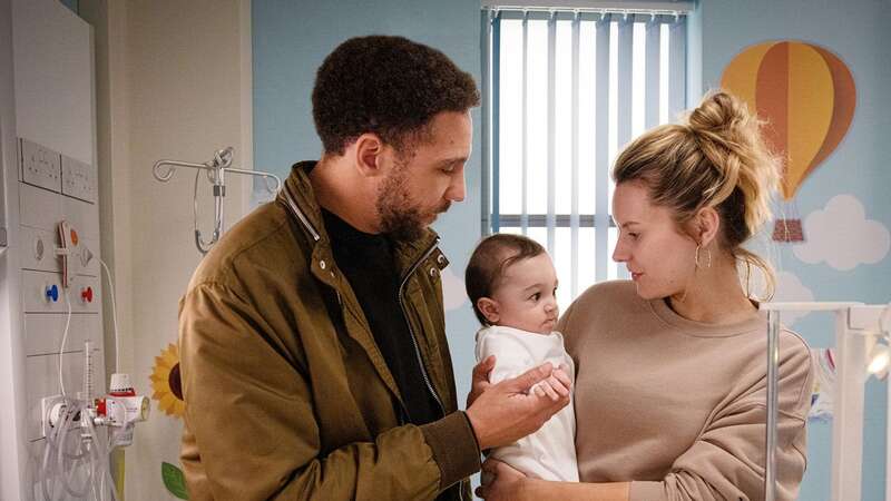 Olivia Bromley and Jay Kontzle in Emmerdale with baby Evan (Image: ITV)