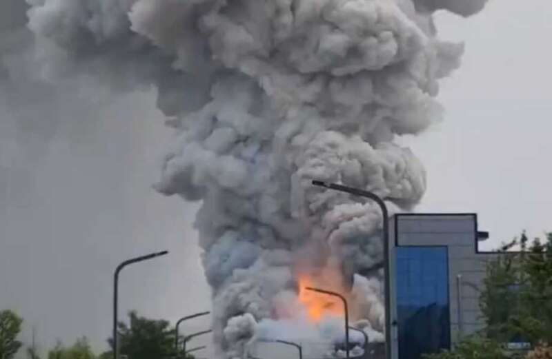 Shocking footage shows the terrifying fire as it tears through the factory