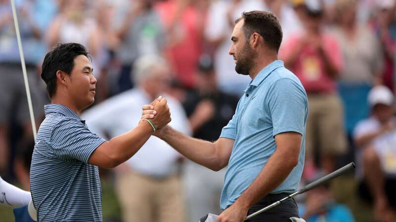 Tom Kim and Scottie Scheffler helped each other out after play was suspended due to protests. (Image: 2024 Getty Images)