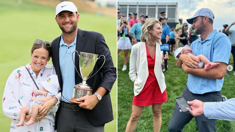 Scottie Scheffler was interviewed by Amanda Balionis while holding baby Bennett (Image: No credit)