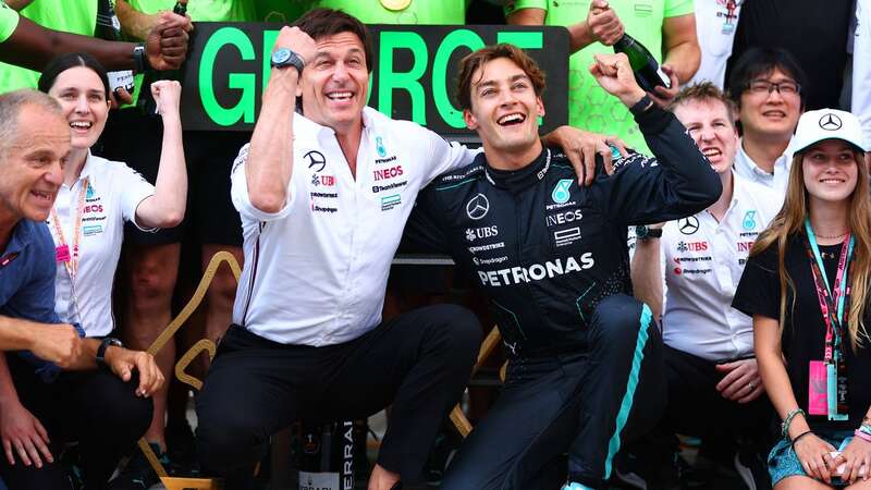 Toto Wolff celebrates with George Russell after Mercedes won the Austrian Grand Prix (Image: Formula 1 via Getty Images)