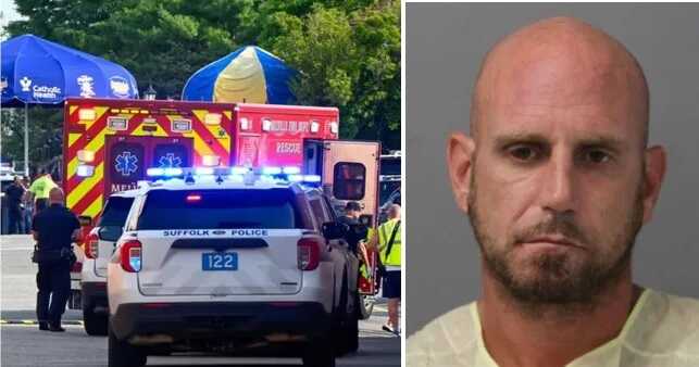 Daniel Tomasky (left) has been arrested after allegedly stabbing a man he knew in the stomach at Adventureland Amusement Park in Long Island, New York (Pictures: NBC/Suffolk County Sheriff’s Office)