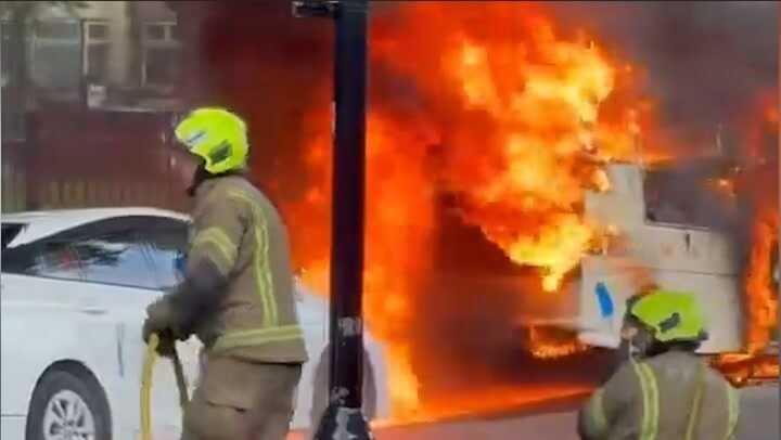 Kids flee in terror as ice cream van bursts into ball of flames