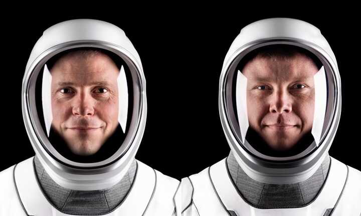 A composite image showing the astronaut Nick Hague, left, and Roscosmos cosmonaut Aleksandr Gorbunov. Photograph: Claire O’Shea/Nasa