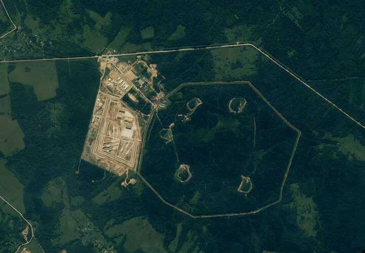 A satellite image shows what is believed to be a deployment site for a Russian nuclear-powered cruise missile, including 5 nuclear warhead storage bunkers (right) and bermed launch positions (lower left), in Vologda, Russia, in this handout image obtained by Reuters on August 27, 2024. Planet Labs PBC/Handout via REUTERS Purchase Licensing Rights