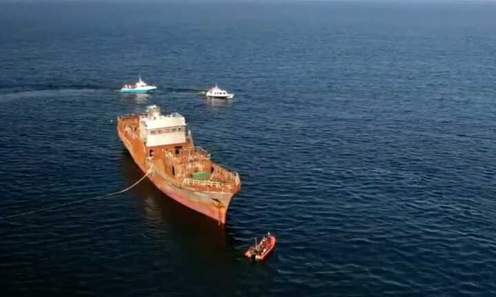 Screengrab from a YouTube live feed (by Ocean Sands Hotel) of the MV Shingle ship being sunk to create an artificial reef off Killala Bay, Ireland Photograph: Ocean Sands Hotel/YouTube