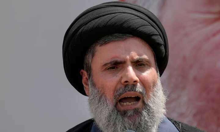 Hashem Safieddine speaks during the funeral procession of a Hezbollah senior commander. Photograph: Bilal Hussein/AP