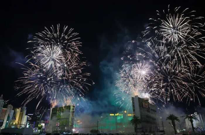 555 drones and a display of fireworks were part of the show before the demolition of Hotel Tropicana (Picture: Getty)