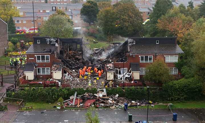 At least one house in Violet Close, Benwell, Newcastle-upon-Tyne, was completely destroyed in the explosion and fire. Photograph: Owen Humphreys/PA