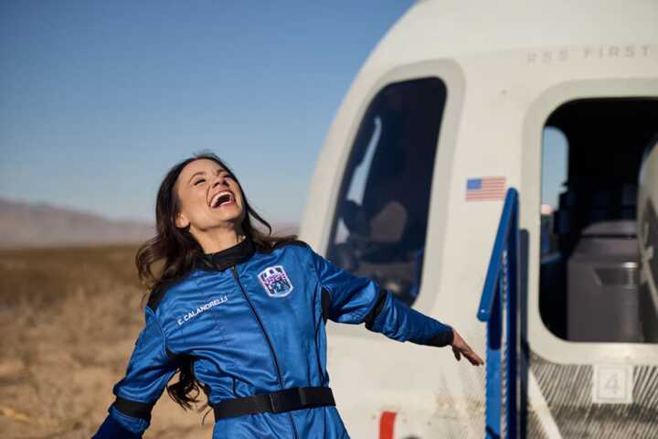 Emily Calandrelli became the 100th woman to go to space when she joined a group of six space tourists in a launch led by Blue Origin. Photograph: Blue Origin