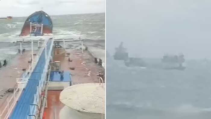 Oil tanker splits in half as it sinks; helicopter sent to rescue crew