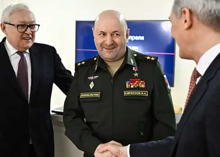 Russian Deputy Foreign Minister Sergei Ryabkov (left) and head of the Russian Radiation, Chemical and Biological Protection Forces Igor Kirillov (center) before the meeting. Picture: Alamy