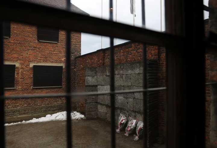 A death wall at Auschwitz-Birkenau. Nearly a quarter of those surveyed in the UK said they had encountered Holocaust denial or distortion on social media. Photograph: Kacper Pempel/Reuters