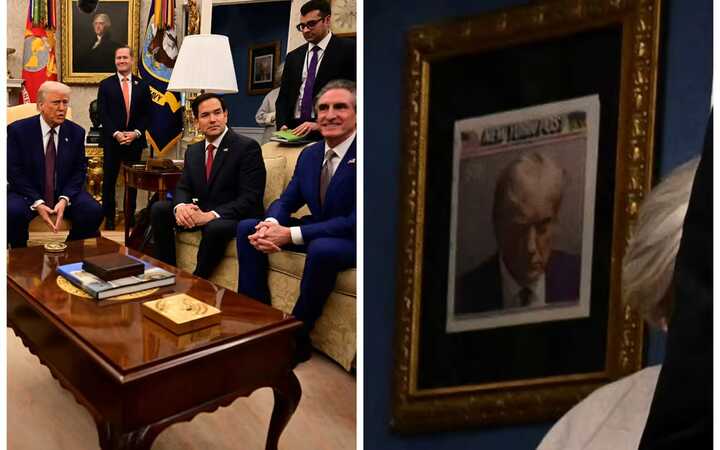 Donald Trump hangs infamous mugshot outside the Oval Office