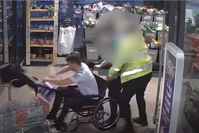 A man who pretended to be a wheelchair user to steal beer and attacked a security guard has been sentenced to prison